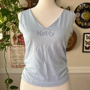 Vintage Y2K Hot Spice‎ "Hotty" Baby Tank Top Blue Rhinestones Glam Graphic Tee